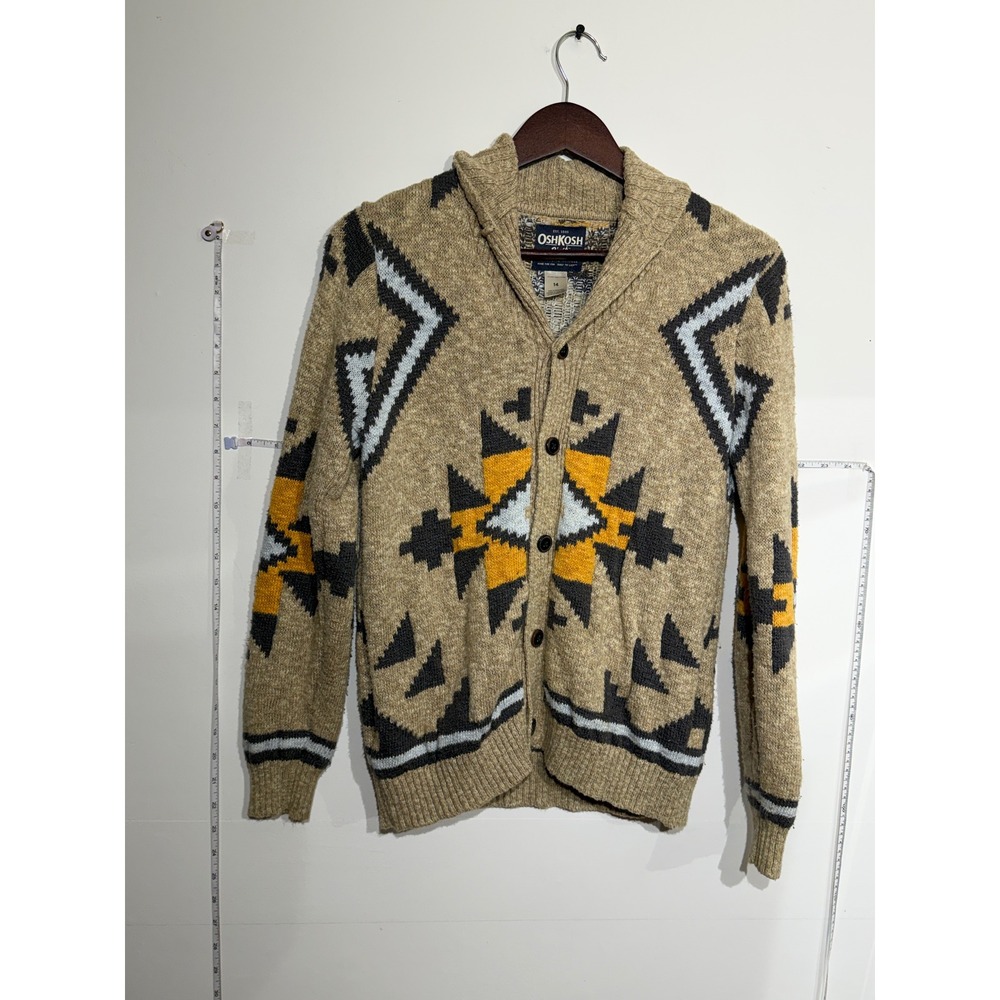 OshKosh Bgosh Vintage Southwestern Cardigan Tan Yellow Geometric Kids Size 14